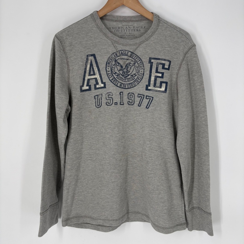 Y2K American Eagle Mens Gray Waffle Knit Thermal Graphic Long Sleeve Shirt L